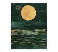 Boho Abstract Full Moon Dark Green Gold Seascape Wall Art Print Artery8 Dark Green W24 inch x H32 inch