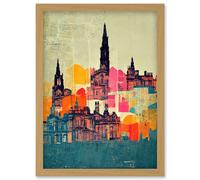 Artery8 Boho Abstract Multi Coloured Cityscape Skyline Painting Folk Art Artwork Framed Wall Art Print A4 in Light Oak Artery8 Light Oak