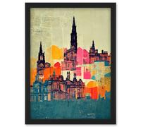 Wee Blue Coo Boho Abstract Multi Coloured Cityscape Skyline Painting Folk Art Artwork Framed Wall Art Print A4