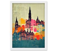 Artery8 Boho Abstract Multi Coloured Cityscape Skyline Painting Folk Art Artwork Framed Wall Art Print A4 in White Artery8 White