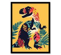 Artery8 Boho Botanical Pattern T Rex Dinosaur Design Framed Wall Art in Yellow | Size: W12" x H16" Artery8 Yellow W12" x H16"
