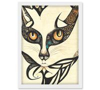 Artery8 Boho Cat Face Tribal Patterns Sketch Abstract Illustration Artwork Framed Wall Art Print A4 in White Artery8 White