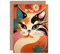 Artery8 Boho Cat Lover Orange Blue Teal Pink Floral Retro for Wife Her Mum Sister Daughter Mom Gran Nan Birthday Thank You Congrats Blank Art Greeting Card