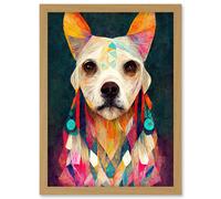 Artery8 Boho Chic Shaman Dog Mystical Painting Artwork Framed Wall Art Print A4 in Light Oak Artery8 Light Oak