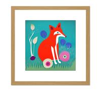 Artery8 Boho Fox Retro Forest Illustration Square Wooden Framed Wall Art Print Picture 8X8 Inch in Light Oak Artery8 Light Oak