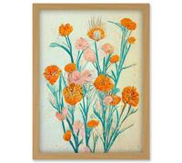 Artery8 Boho Marigold Flowers Teal Orange Painting Artwork Framed Wall Art Print A4 in Light Oak Artery8 Light Oak