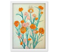 Boho Marigold Flowers Teal Orange Painting Artwork Framed Wall Art Print A4