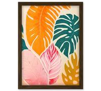 Artery8 Boho Monstera Leaf Orange Pink & Green Artwork Framed Wall Art Print A4 in Brown Artery8 Brown