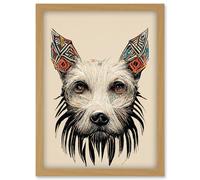 Artery8 Boho Terrier Dog Face With Tribal Pattern Ears Artwork Framed Wall Art Print A4 in Light Oak Artery8 Light Oak