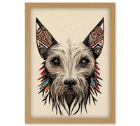 Artery8 Boho Terrier Dog Face With Tribal Style Ears Artwork Framed Wall Art Print A4 in Light Oak Artery8 Light Oak