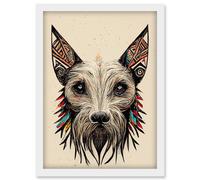 Artery8 Boho Terrier Dog Face With Tribal Style Ears Artwork Framed Wall Art Print A4 in White Artery8 White