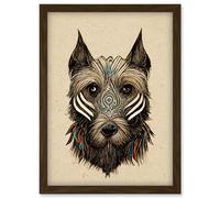 Artery8 Boho Terrier Dog With Tribal Patterns Striped Face Artwork Framed Wall Art Print A4 in Brown Artery8 Brown