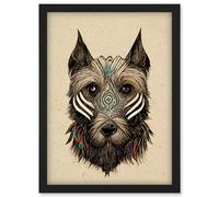 Artery8 Boho Terrier Dog With Tribal Patterns Striped Face Artwork Framed Wall Art Print A4 in Black Artery8 Black