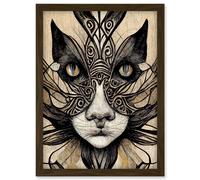 Artery8 Boho Tribal Cat Face Abstract Illustration Artwork Framed Wall Art Print A4 in Brown Artery8 Brown