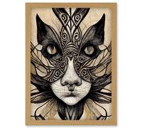 Artery8 Boho Tribal Cat Face Abstract Illustration Artwork Framed Wall Art Print A4 in Light Oak Artery8 Light Oak