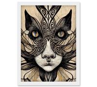 Artery8 Boho Tribal Cat Face Abstract Illustration Artwork Framed Wall Art Print A4 in White Artery8 White