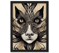Artery8 Boho Tribal Cat Face Abstract Illustration Wall Art Print - A4 Size