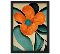 Artery8 Bold Art Deco Flowers Teal Orange Cream Poppy Artwork Framed Wall Art Print A4 in Black Artery8 Black
