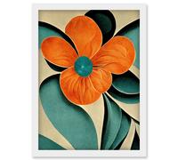 Artery8 Bold Art Deco Flowers Teal Orange Cream Poppy Artwork Framed Wall Art Print A4 in White Artery8 White