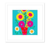 Artery8 Bold Bouquet Pink & Yellow Flowers Red Vase On Arctic Blue Square Wooden Framed Wall Art Print Picture 8X8 Inch in White Artery8 White