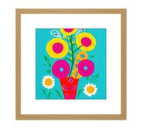 Artery8 Bold Bouquet Pink & Yellow Flowers Red Vase On Arctic Blue Square Wooden Framed Wall Art Print Picture 8X8 Inch in Light Oak Artery8 Light Oak