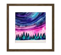 Artery8 Bold Bright Northern Lights Aurora Borealis Colourful Pine Forest Scene Square Wooden Framed Wall Art Print Picture 8X8 Inch in Brown Artery8 Brown