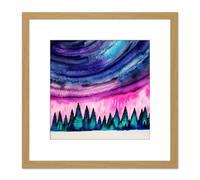 Artery8 Bold Bright Northern Lights Aurora Borealis Colourful Pine Forest Scene Square Wooden Framed Wall Art Print Picture 8X8 Inch in Light Oak Artery8 Light Oak