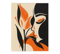 Bold Minimal Lady Kissing Rose Flower Artwork Wall Art Print Artery8 Orange W24 inch x H32 inch