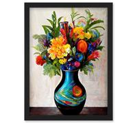 Artery8 Boldly Coloured Flower Bouquet In Decorative Vase Artwork Framed Wall Art Print A4 in Black Artery8 Black