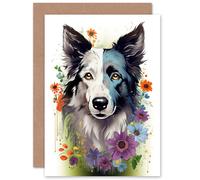 Artery8 Border Collie Dog Bawsant Face Wildflowers Birthday Greeting Card in White Artery8 White