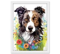 Artery8 Border Collie Dog Bright Watercolour Painting Floral Portrait with Wildflowers and Butterflies Artwork Framed A3 Wall Art Print