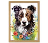 Artery8 Border Collie Dog Bright Watercolour Painting Floral Portrait with Wildflowers and Butterflies Artwork Framed A3 Wall Art Print
