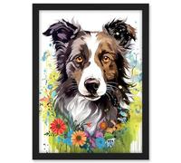 Artery8 Border Collie Dog Bright Watercolour Painting Floral Portrait with Wildflowers and Butterflies Artwork Framed A3 Wall Art Print