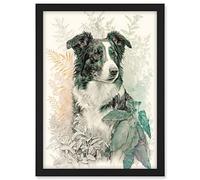 Artery8 Border Collie Dog in Field Modern Colour Pencil Portrait Illustration Artwork Framed A3 Wall Art Print