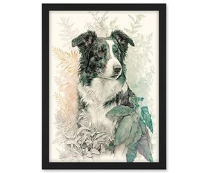 Artery8 Border Collie Dog in Field Modern Colour Pencil Portrait Illustration Artwork Framed A3 Wall Art Print
