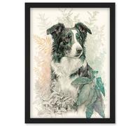 Artery8 Border Collie Dog in Field Modern Colour Pencil Portrait Illustration Artwork Framed Wall Art Print A4