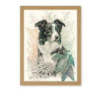 Artery8 Border Collie Dog in Field Modern Colour Pencil Portrait Illustration Artwork Framed Wall Art Print 18X24 Inch