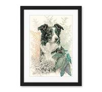 Artery8 Border Collie Dog in Field Modern Colour Pencil Portrait Illustration Artwork Framed Wall Art Print 18X24 Inch