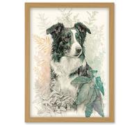 Artery8 Border Collie Dog in Field Modern Colour Pencil Portrait Illustration Artwork Framed Wall Art Print A4