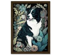 Artery8 Border Collie Dog in Wildflower Field Modern Illustration Artwork Framed Wall Art Print A4 in Brown Artery8 Brown