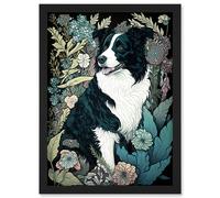 Artery8 Border Collie Dog in Wildflower Field Modern Illustration Artwork Framed Wall Art Print A4