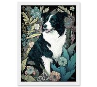 Artery8 Border Collie Dog in Wildflower Field Modern Illustration Artwork Framed Wall Art Print A4