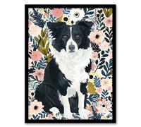 Artery8 Border Collie Dog Lover Pink Floral Portrait Framed Wall Art | Size: A4 Artery8 Multicolor A4