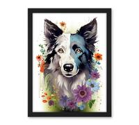 Artery8 Border Collie Dog Pict Scotland Blue Bawsant Face Bright Artwork Portrait with Wildflowers Artwork Framed Wall Art Print 18X24 Inch