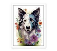 Artery8 Border Collie Dog Pict Scotland Blue Bawsant Face Bright Artwork Portrait with Wildflowers Artwork Framed Wall Art Print 18X24 Inch