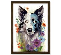 Artery8 Border Collie Dog Pict Scotland Blue Bawsant Face Bright Artwork Portrait with Wildflowers Artwork Framed A3 Wall Art Print
