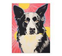 Artery8 Border Collie Dog Sunburst Retro Bold Vibrant Screen Print Risograph Artwork Spot Block Colour Duotone Riso Interior Design Large Wall Art Poster Print Thick Paper 18X24 Inch