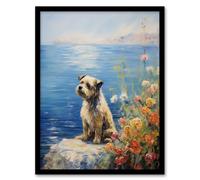 Artery8 Border Terrier On Coastal Cliff Claude Monet Style Dog Oil Painting Art Print Framed Poster Wall Decor in Black | Size: W12" x H16" Artery8 Black W12" x H16"