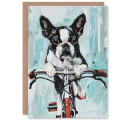 Artery8 Boston Terrier Dog Lover Bicycle Oil Painting Fun Birthday Art Card in Blue Artery8 Blue
