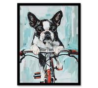 Artery8 Boston Terrier Dog Lover Bicycle Oil Painting Fun Framed Art Print in Blue | Size: W12" x H16" Artery8 Blue W12" x H16"